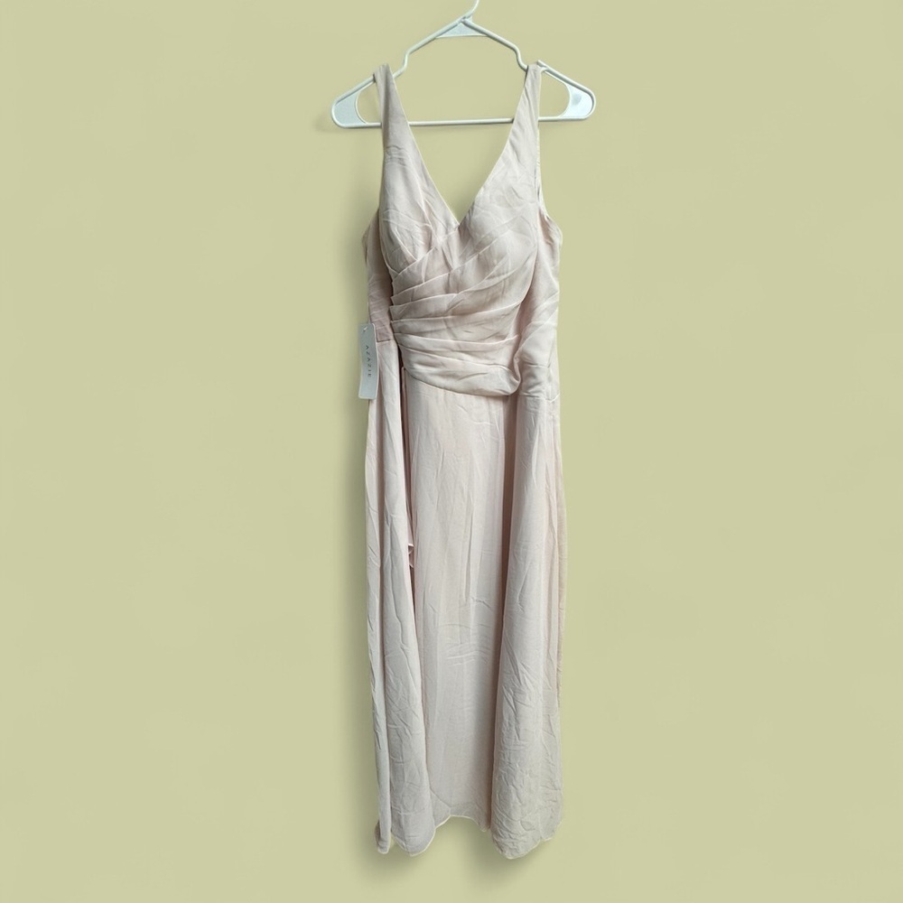 NWT Blush Pink Ruched Maxi Dress Large V-Neck Formal Wedding Guest Gown